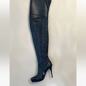 Burberry OTK black leather boots, 7 US, 37.5 EU. Worn 4 times, excellent cond.